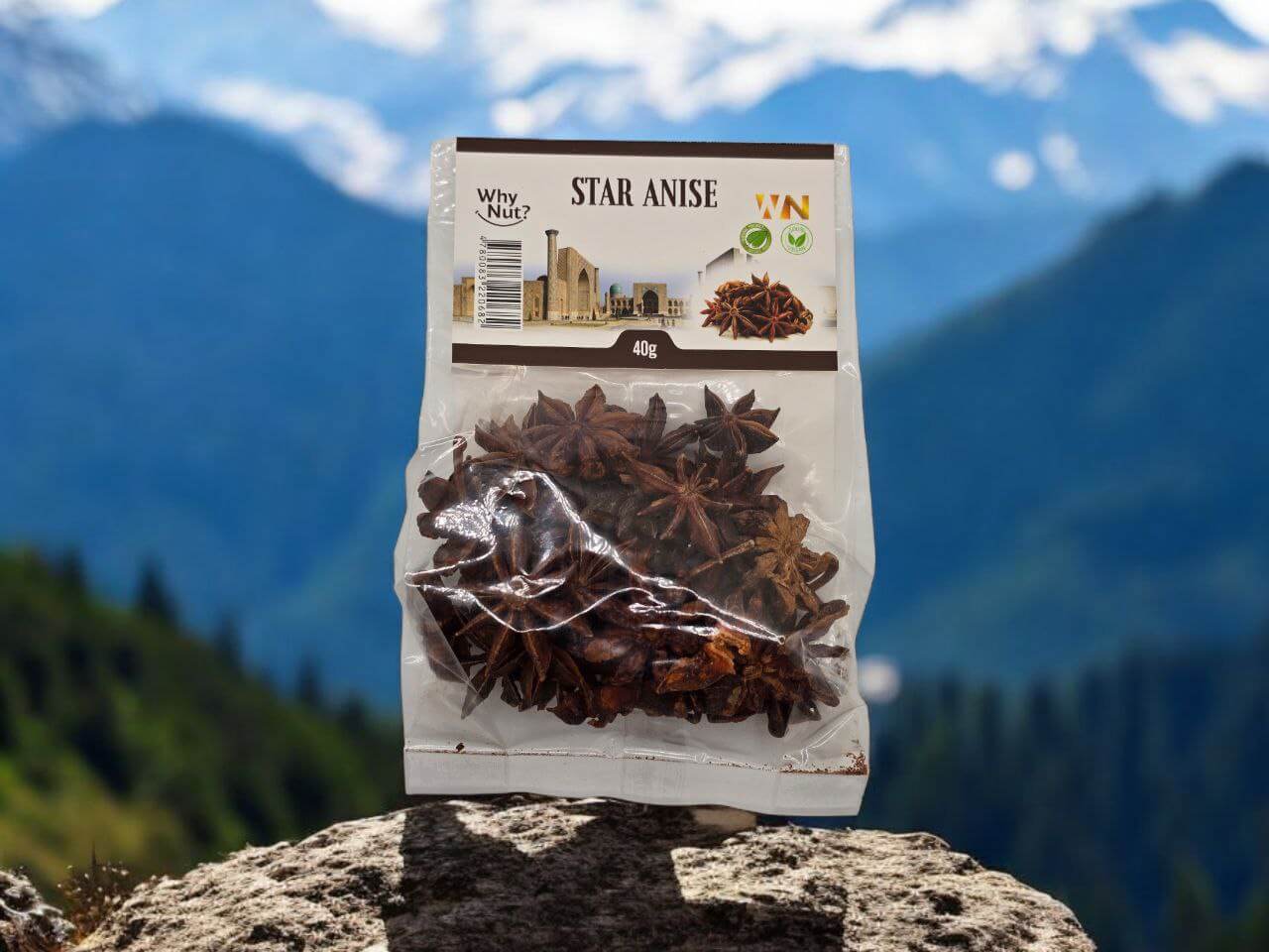 Nature Pick Market Stjärnanis spice in a 40g package, known for its sweet, peppery flavor, ideal for cooking, teas, and natural remedies.