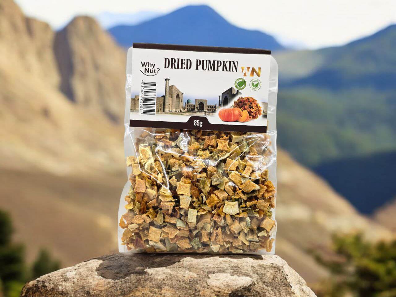 Dried pumpkin pieces from Nature Pick Market, Torkade Pumpabitarskubbar, perfect for adding a unique touch to your favorite dishes.