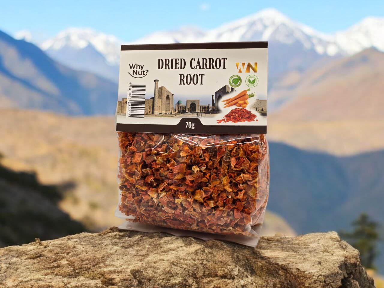 Dried carrots from Nature Pick Market, Torkade Morötter, showcasing their vibrant orange color and natural texture, ideal for soups and salads.